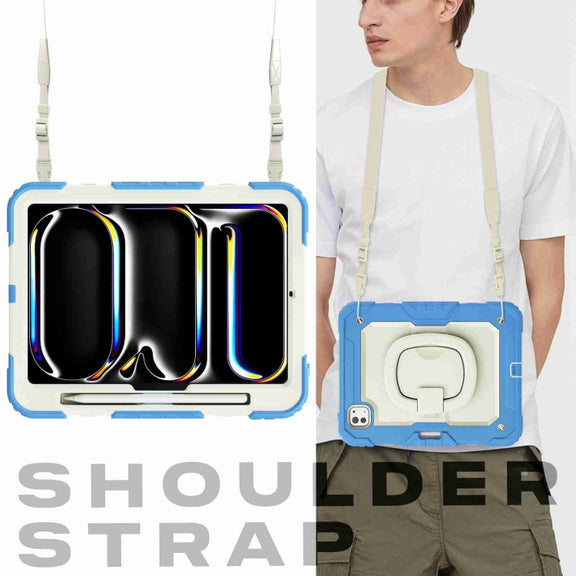 For iPad Pro 11 2024 Handle Silicone Hydric PC Tablet Case with Shoulder Strap(Beige Cyan-blue)