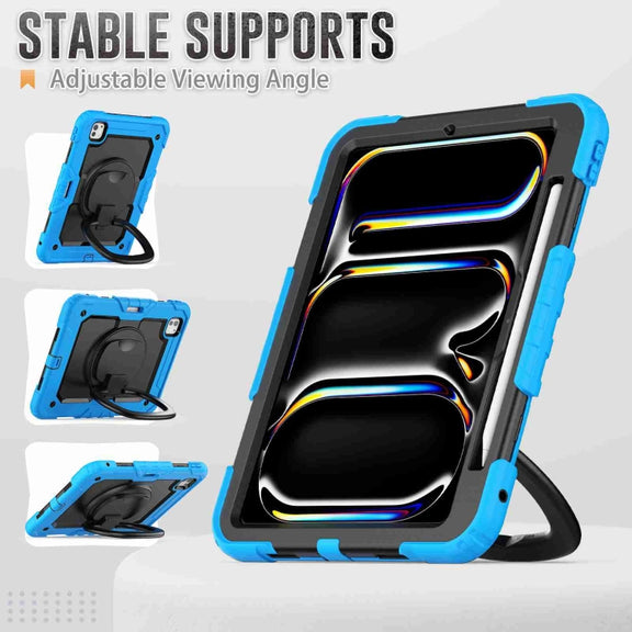 For iPad Pro 11 2024 Handle Silicone Hydric PC Tablet Case with Shoulder Strap(Light Blue)