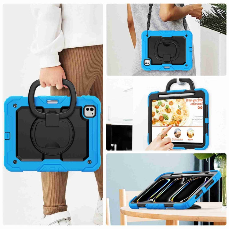 For iPad Pro 11 2024 Handle Silicone Hydric PC Tablet Case with Shoulder Strap(Light Blue)
