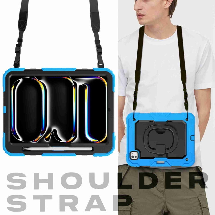 For iPad Pro 11 2024 Handle Silicone Hydric PC Tablet Case with Shoulder Strap(Light Blue)