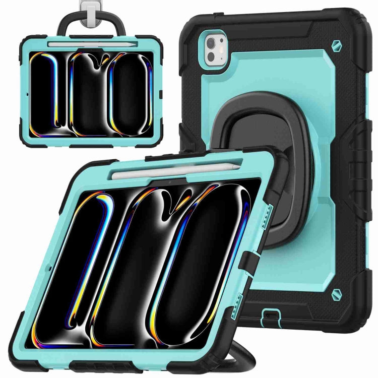 For iPad Pro 11 2024 Handle Silicone Hydric PC Tablet Case with Shoulder Strap(Light Blue PC)