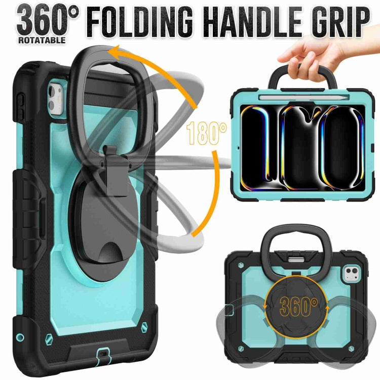 For iPad Pro 11 2024 Handle Silicone Hydric PC Tablet Case with Shoulder Strap(Light Blue PC)