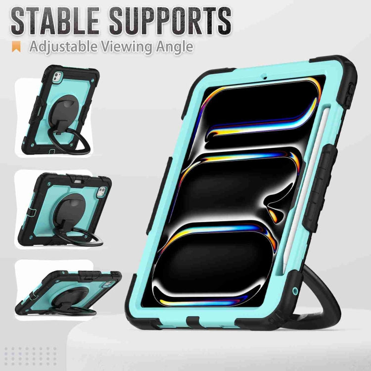 For iPad Pro 11 2024 Handle Silicone Hydric PC Tablet Case with Shoulder Strap(Light Blue PC)