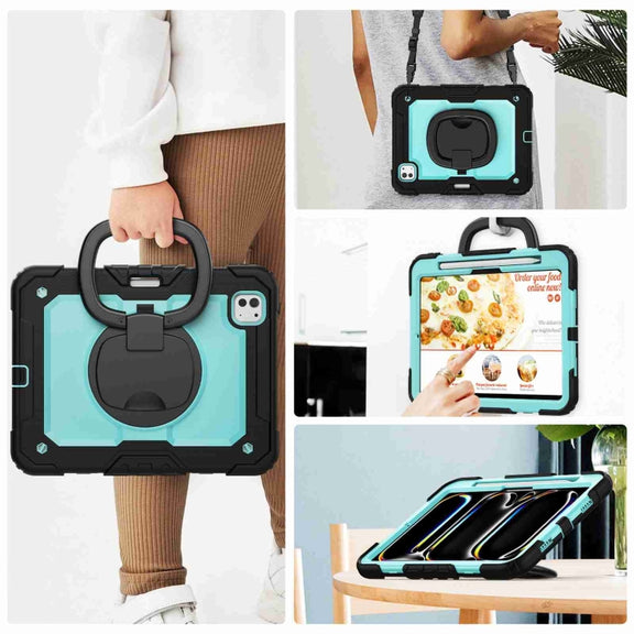 For iPad Pro 11 2024 Handle Silicone Hydric PC Tablet Case with Shoulder Strap(Light Blue PC)