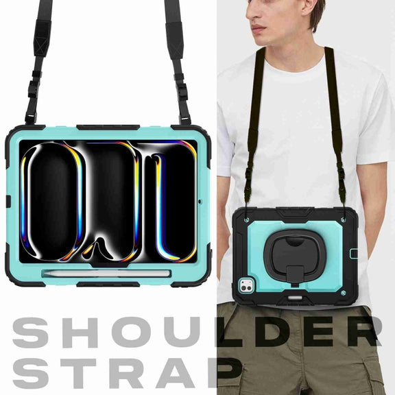 For iPad Pro 11 2024 Handle Silicone Hydric PC Tablet Case with Shoulder Strap(Light Blue PC)