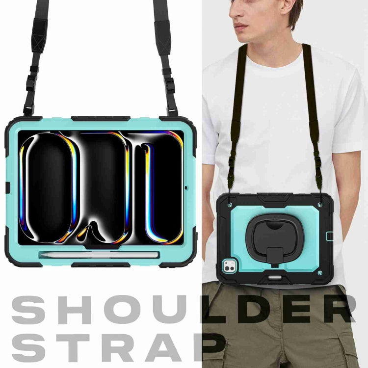 For iPad Pro 11 2024 Handle Silicone Hydric PC Tablet Case with Shoulder Strap(Light Blue PC)