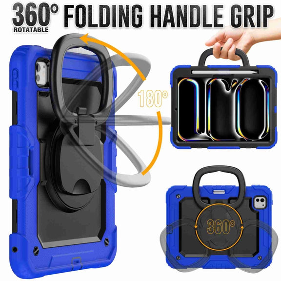 For iPad Pro 11 2024 Handle Silicone Hydric PC Tablet Case with Shoulder Strap(Dark Blue)