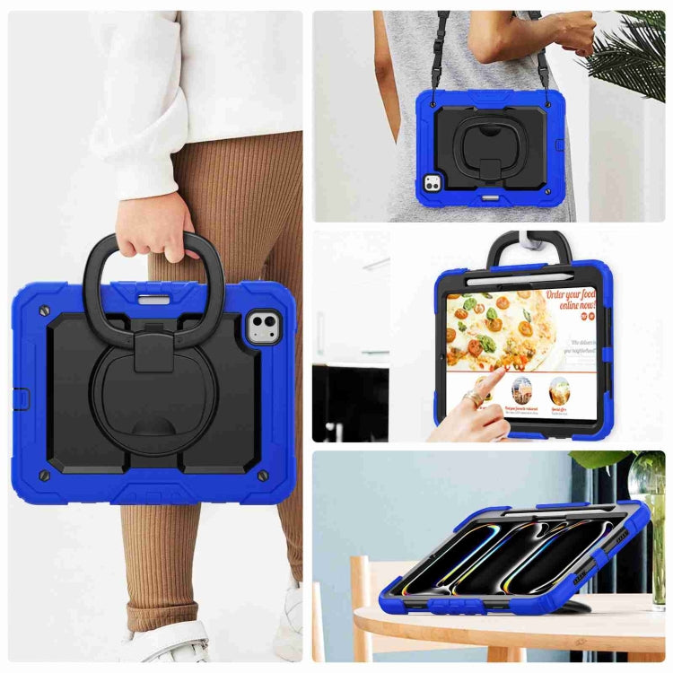 For iPad Pro 11 2024 Handle Silicone Hydric PC Tablet Case with Shoulder Strap(Dark Blue)