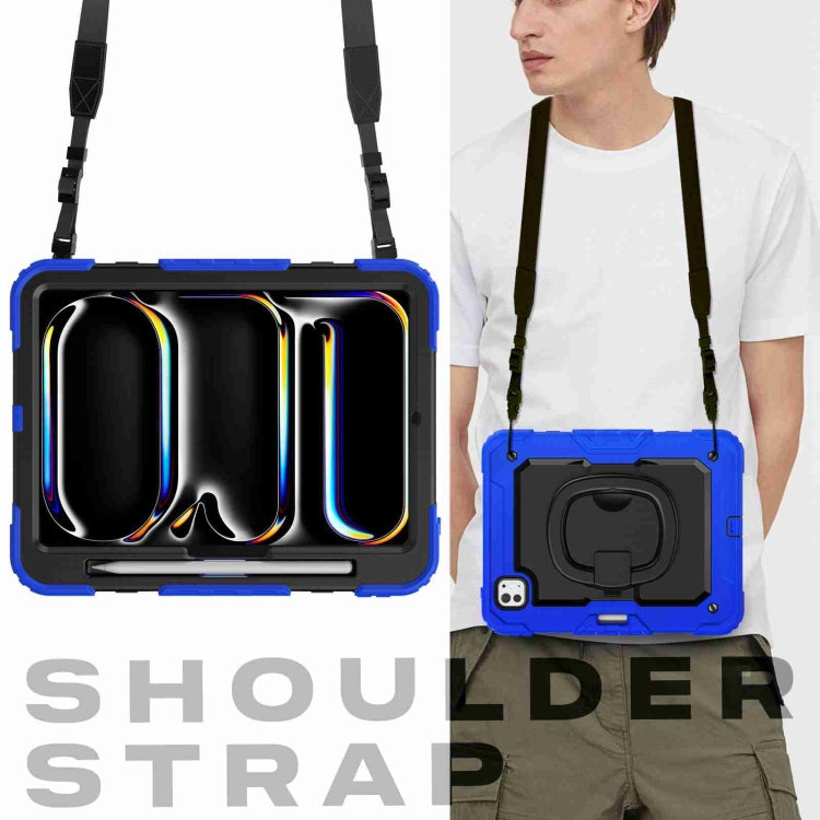 For iPad Pro 11 2024 Handle Silicone Hydric PC Tablet Case with Shoulder Strap(Dark Blue)