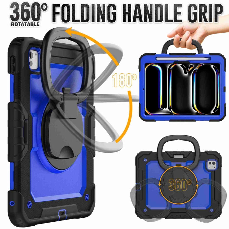 For iPad Pro 11 2024 Handle Silicone Hydric PC Tablet Case with Shoulder Strap(Dark Blue PC)
