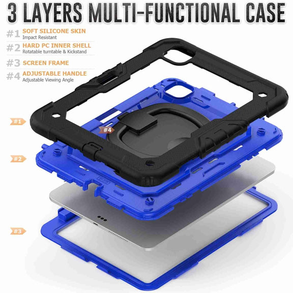 For iPad Pro 11 2024 Handle Silicone Hydric PC Tablet Case with Shoulder Strap(Dark Blue PC)