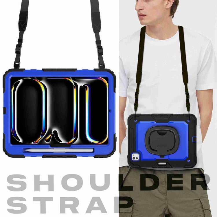 For iPad Pro 11 2024 Handle Silicone Hydric PC Tablet Case with Shoulder Strap(Dark Blue PC)