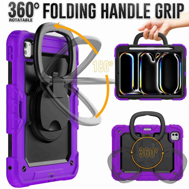 For iPad Pro 11 2024 Handle Silicone Hydric PC Tablet Case with Shoulder Strap(Purple)