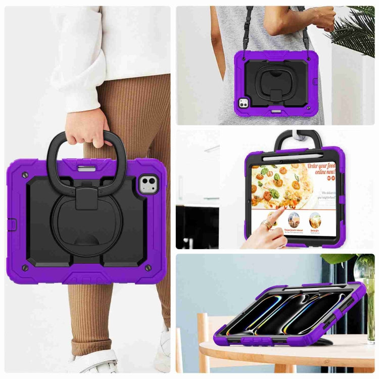 For iPad Pro 11 2024 Handle Silicone Hydric PC Tablet Case with Shoulder Strap(Purple)