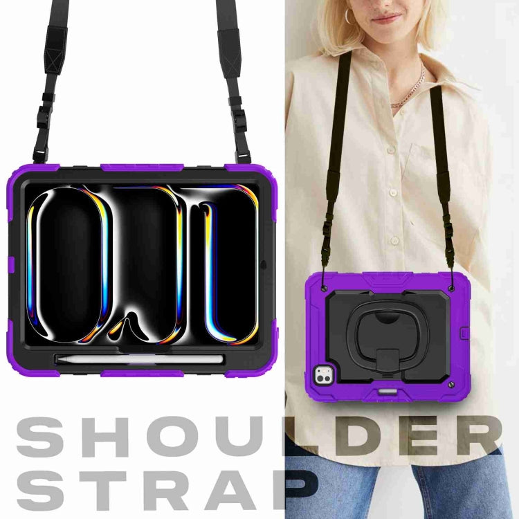 For iPad Pro 11 2024 Handle Silicone Hydric PC Tablet Case with Shoulder Strap(Purple)