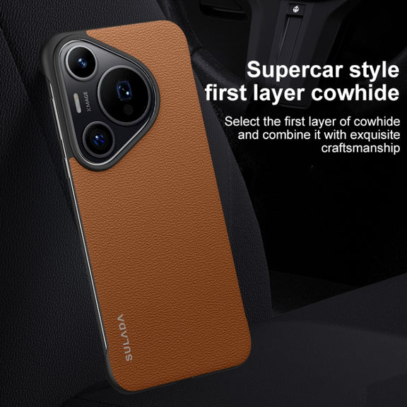 For Huawei Pura 70 SULADA Frameless Top Layer Cowhide Leather + PC Phone Case(Red)