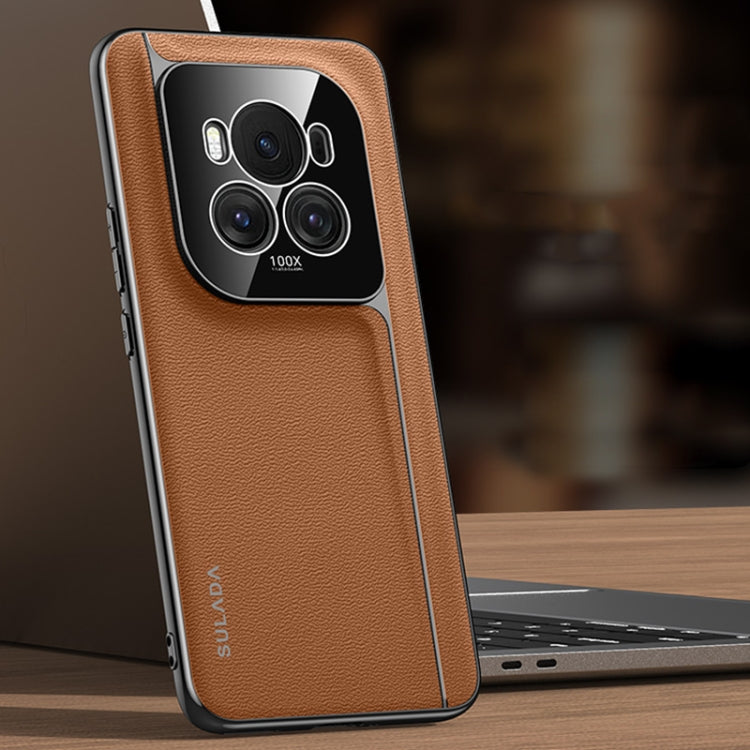 For Honor Magic6 SULADA Frameless Top Layer Cowhide Leather + PC Phone Case(Brown)