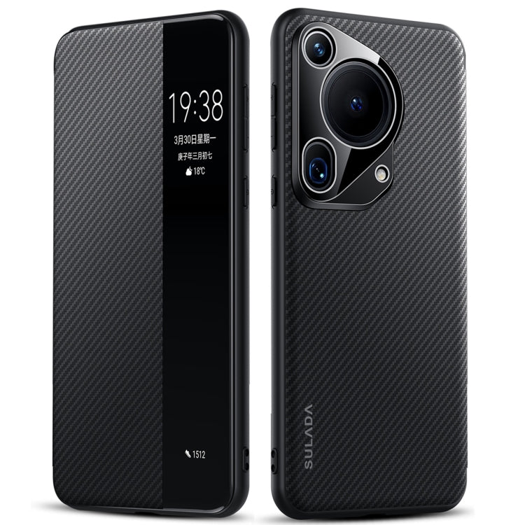For Huawei Pura 70 Ultra SULADA Kevlar 600D Texture Smart Window Leather Phone Case(Black)