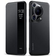 For Huawei Pura 70 Ultra SULADA Kevlar 600D Texture Smart Window Leather Phone Case(Black)