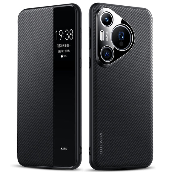 For Huawei Pura 70 Pro SULADA Kevlar 600D Texture Smart Window Leather Phone Case(Black)