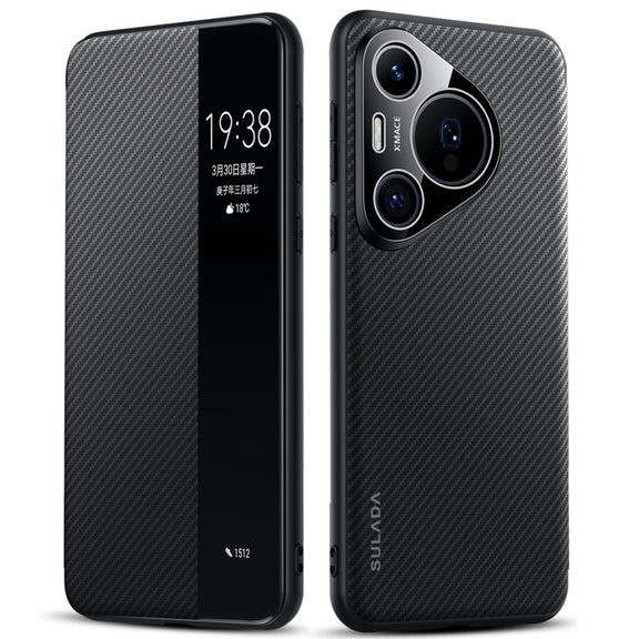 For Huawei Pura 70 SULADA Kevlar 600D Texture Smart Window Leather Phone Case(Black)