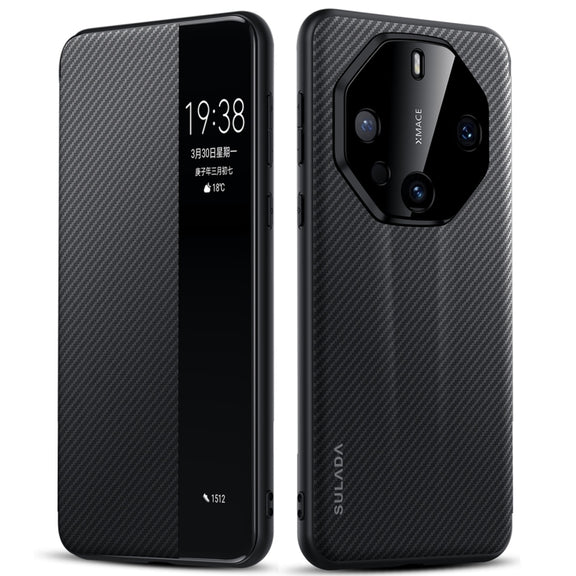 For Huawei Mate 60 RS Ultimate SULADA Kevlar 600D Texture Smart Window Leather Phone Case(Black)