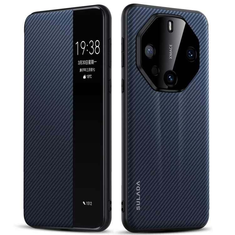 For Huawei Mate 60 RS Ultimate SULADA Kevlar 600D Texture Smart Window Leather Phone Case(Blue)