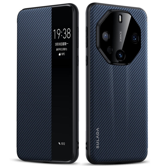 For Huawei Mate 60 RS Ultimate SULADA Kevlar 600D Texture Smart Window Leather Phone Case(Blue)