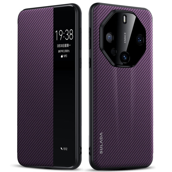 For Huawei Mate 60 RS Ultimate SULADA Kevlar 600D Texture Smart Window Leather Phone Case(Purple)