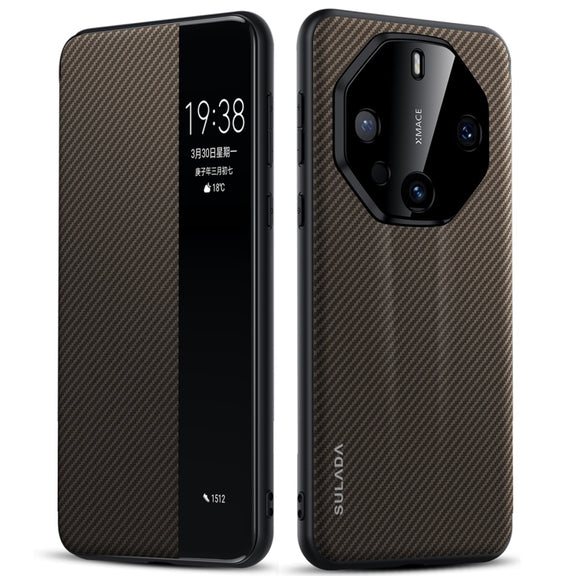 For Huawei Mate 60 RS Ultimate SULADA Kevlar 600D Texture Smart Window Leather Phone Case(Brown)