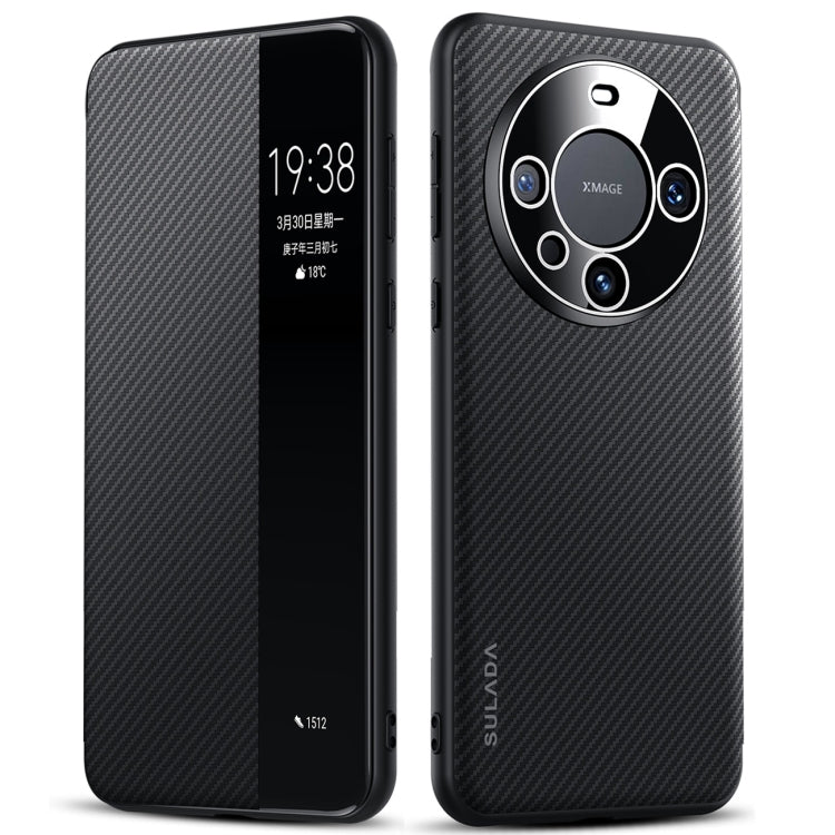 For Huawei Mate 60 Pro SULADA Kevlar 600D Texture Smart Window Leather Phone Case(Black)