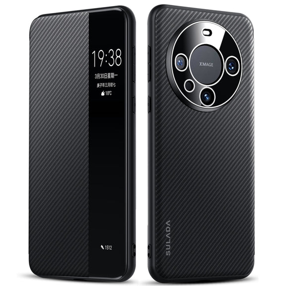For Huawei Mate 60 Pro SULADA Kevlar 600D Texture Smart Window Leather Phone Case(Black)