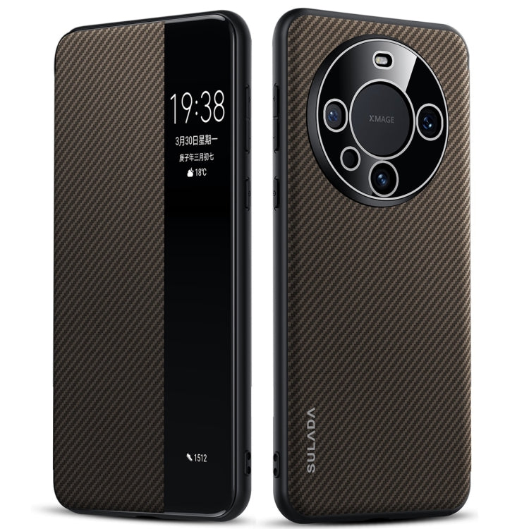 For Huawei Mate 60 Pro SULADA Kevlar 600D Texture Smart Window Leather Phone Case(Brown)