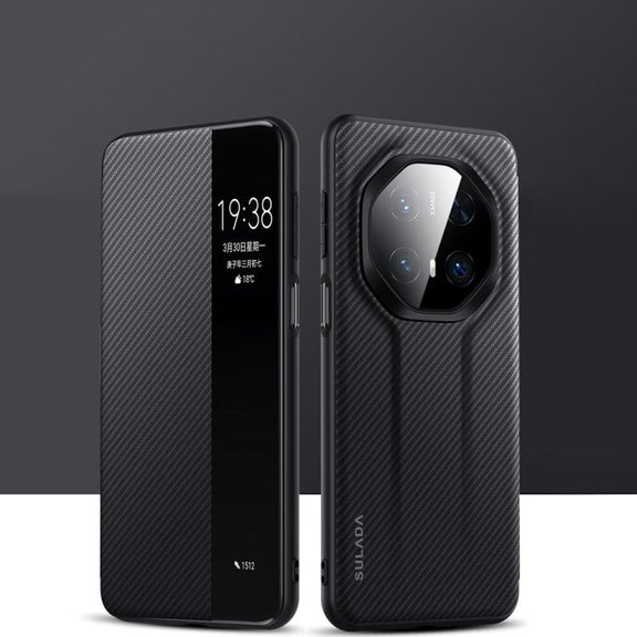 For Huawei Mate 70 RS Ultimate SULADA Kevlar 600D Texture Smart Window Leather Phone Case(Black)