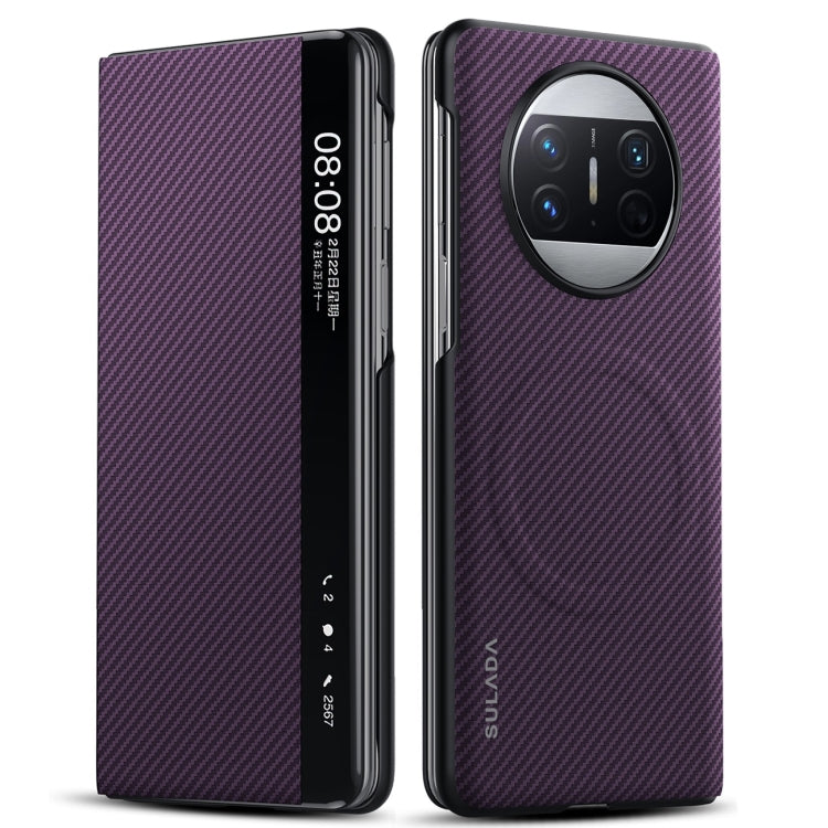 For Huawei Mate X3 SULADA Kevlar 600D Texture Smart Window Leather Phone Case(Purple)