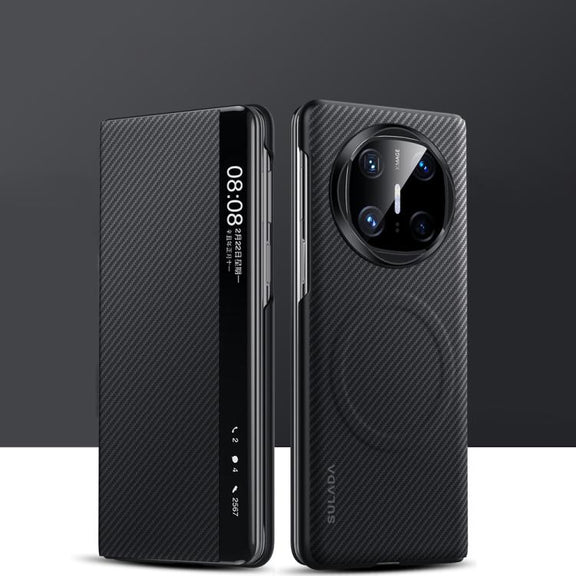 For Huawei Mate X6 SULADA Kevlar 600D Texture Smart Window Leather Phone Case(Black)