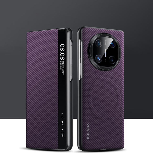 For Huawei Mate X6 SULADA Kevlar 600D Texture Smart Window Leather Phone Case(Purple)