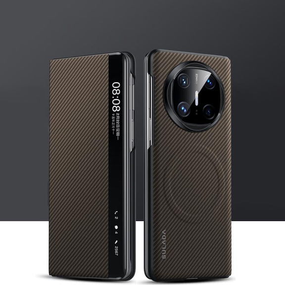 For Huawei Mate X6 SULADA Kevlar 600D Texture Smart Window Leather Phone Case(Brown)