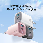 USAMS CC229 30W USB+USB-C / Type-C Dual Port GaN Digital Display Charger, Specifications: EU Plug(White)