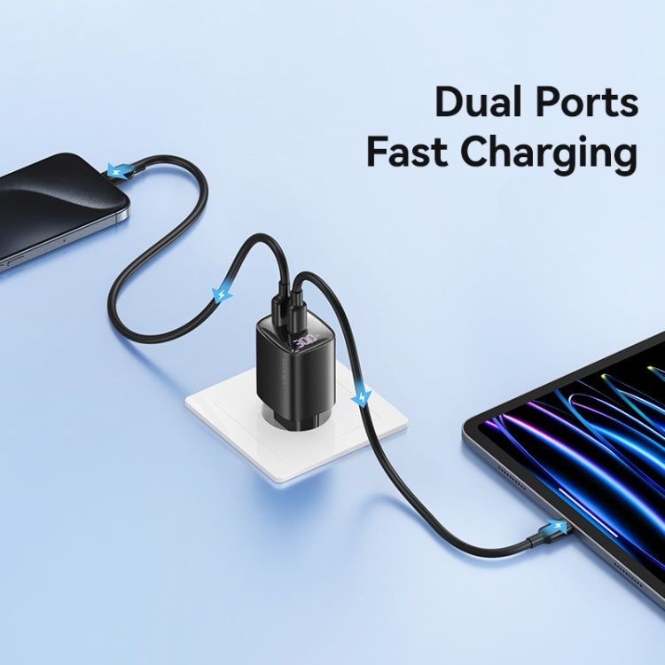 USAMS CC229 30W USB+USB-C / Type-C Dual Port GaN Digital Display Charger, Specifications: EU Plug(White)