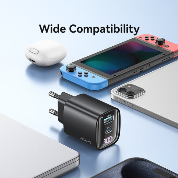 USAMS CC229 30W USB+USB-C / Type-C Dual Port GaN Digital Display Charger, Specifications: EU Plug(White)