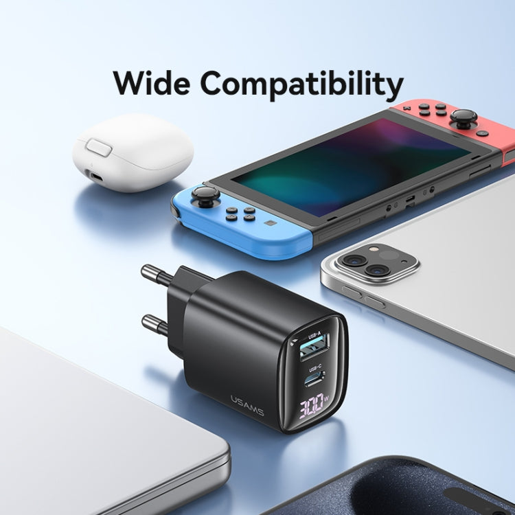 USAMS CC229 30W USB+USB-C / Type-C Dual Port GaN Digital Display Charger, Specifications: EU Plug(White)