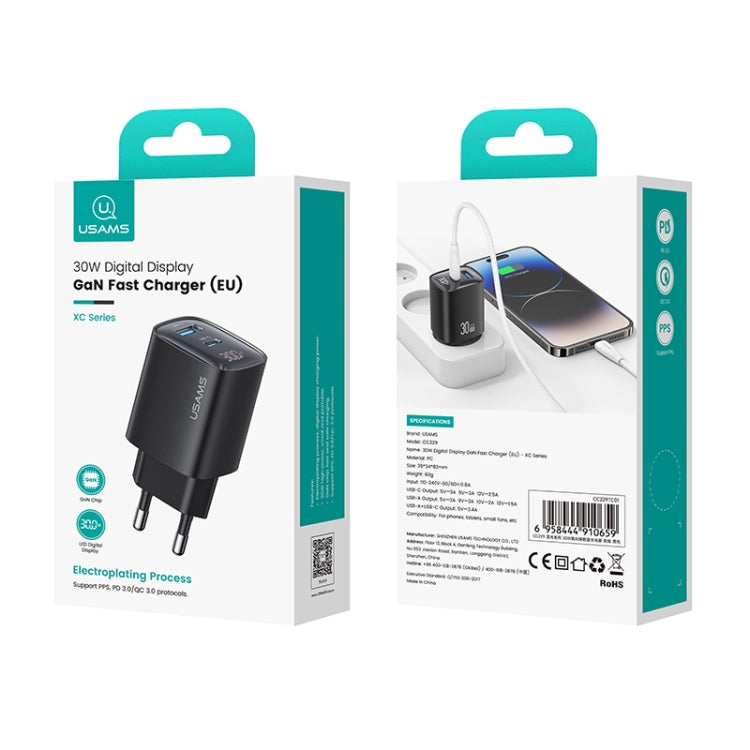 USAMS CC229 30W USB+USB-C / Type-C Dual Port GaN Digital Display Charger, Specifications: EU Plug(White)