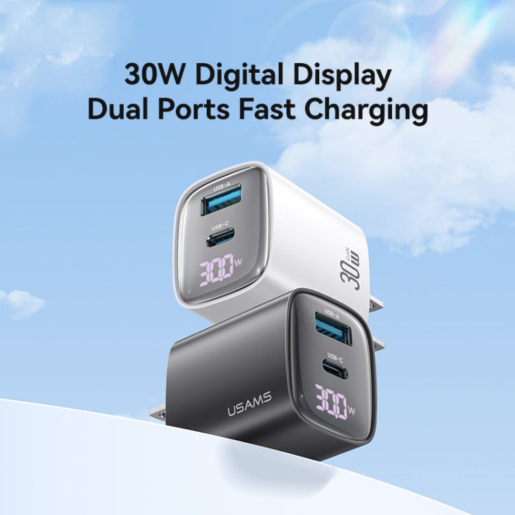 USAMS CC230 30W USB+USB-C / Type-C Dual Port GaN Digital Display Charger, Specifications: US Plug(Black)