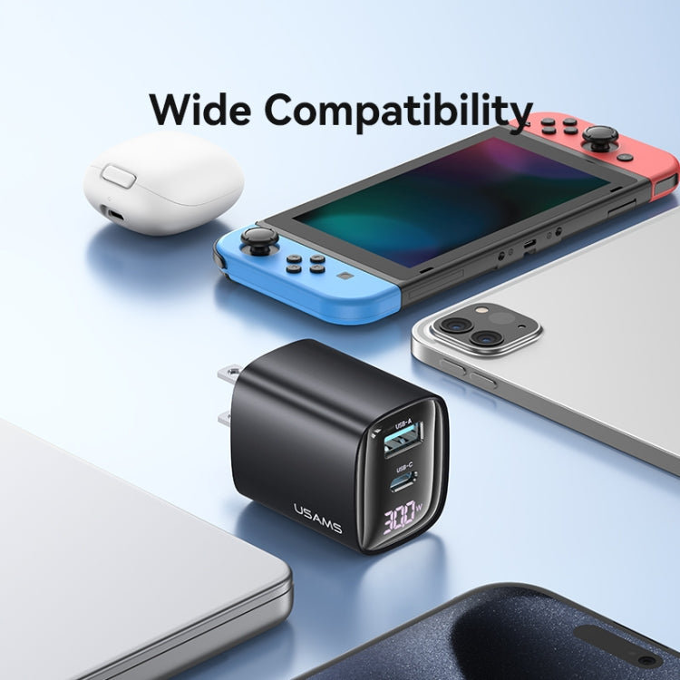 USAMS CC230 30W USB+USB-C / Type-C Dual Port GaN Digital Display Charger, Specifications: US Plug(White)