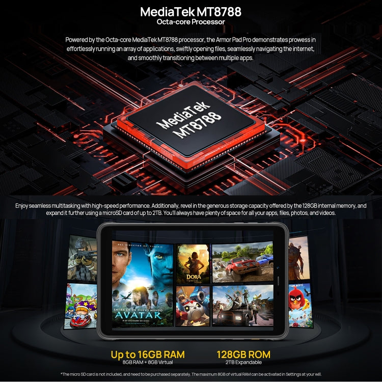 Ulefone Armor Pad Pro Rugged Tablet PC, 8GB+128GB, 8 inch Android 13 MediaTek MT8788 Octa Core 4G Network, EU Plug(Black)