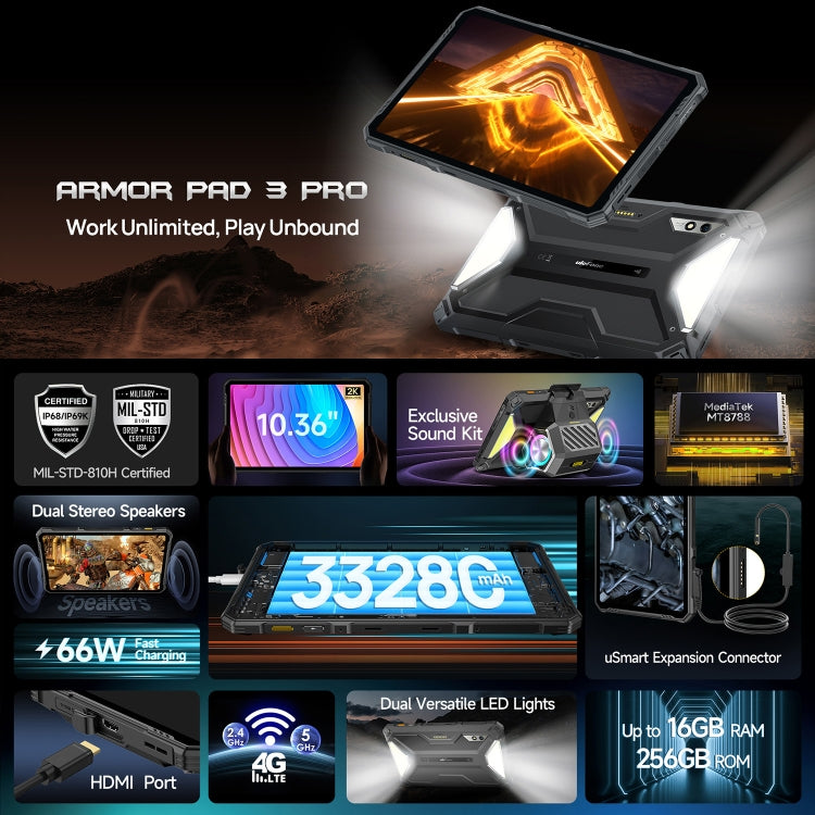 Ulefone Armor Pad 3 Pro Rugged Tablet PC, 8GB+256GB, 10.36 inch Android 13 MediaTek MT8788 Octa Core 4G Network, EU Plug(Black)