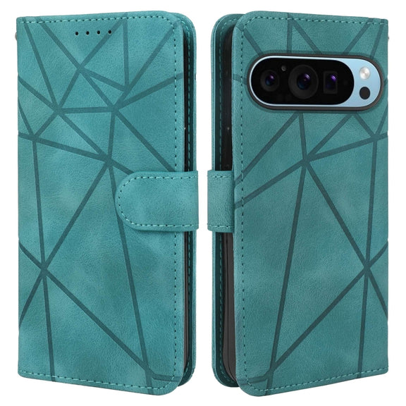For Google Pixel 9 / 9 Pro Skin Feel Geometric Lines Leather Phone Case(Green)