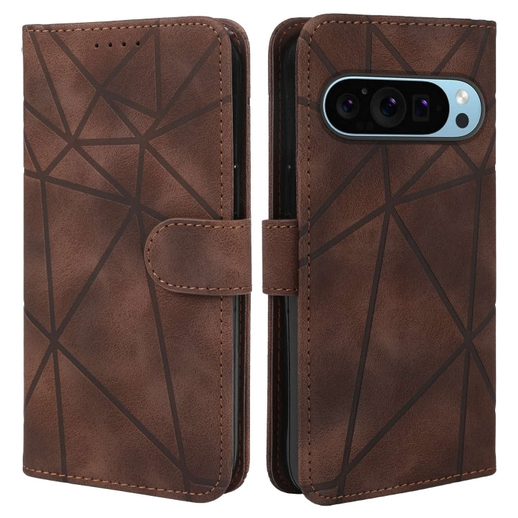 For Google Pixel 9 / 9 Pro Skin Feel Geometric Lines Leather Phone Case(Brown)