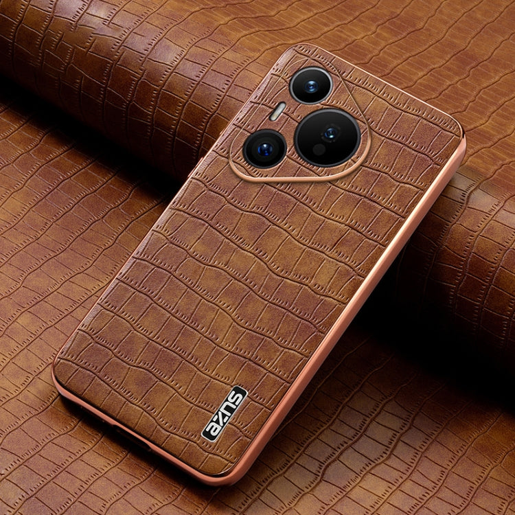 For Huawei Pura 70 AZNS Electroplated Frame Crocodile Texture Full Coverage Phone Case(Brown)